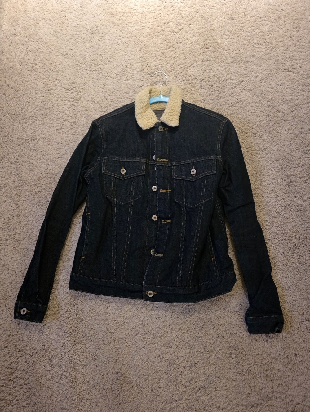 Naked & Famous Denim Dark Blue Denim Jacket with Cream Sherpa Collar